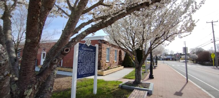 File photo: Voluntown Town Hall and the existing sidewalk along Main Street. This is not the proposed sidewalk work on Shetucket Turnpike and Beach Pond Road.